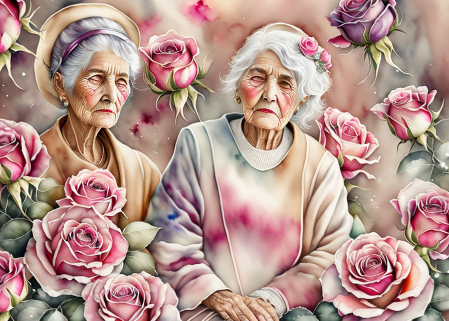 Detailed illustration: Two elderly women amidst roses, expressing contemplation and serenity.