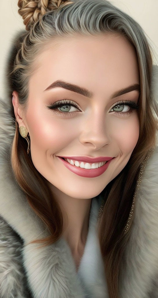 Smiling woman with bun hairstyle, makeup, earrings, and fur collar