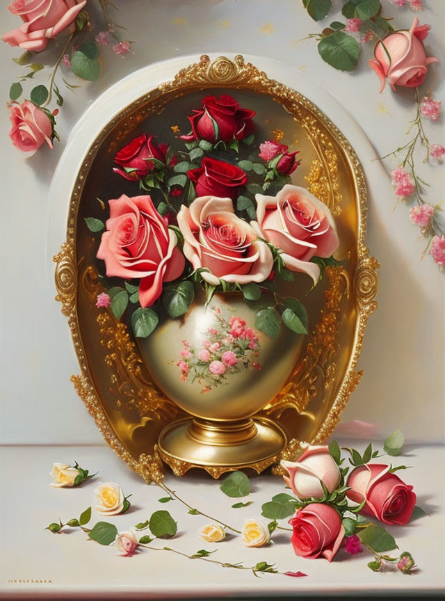 Gold-framed oval mirror reflecting pink and red roses with scattered petals on a pale backdrop