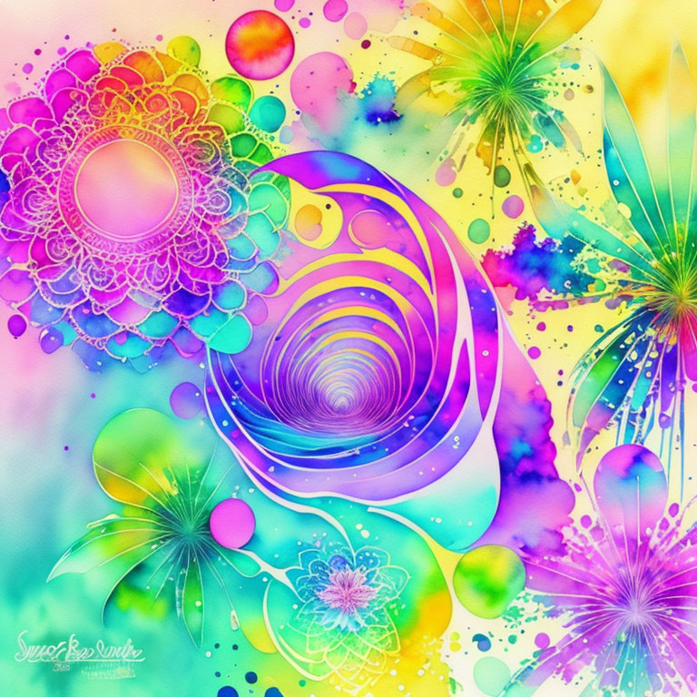 Colorful Swirl Pattern with Ink Splashes and Mandala Designs