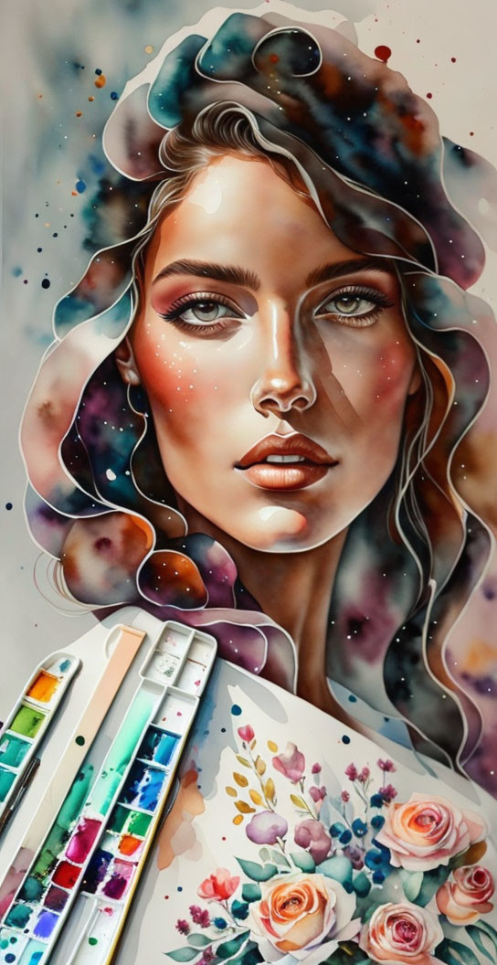 Surreal portrait of a woman with galaxy hair, vibrant eyes, and floral elements