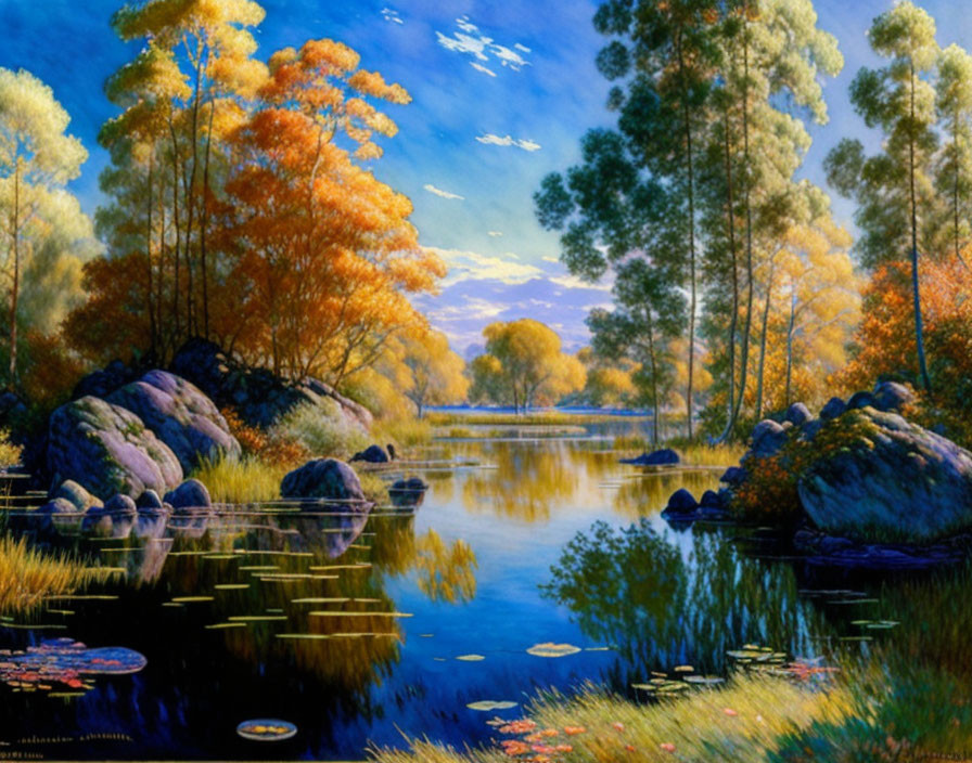 Tranquil autumn lake scene with colorful trees and clear sky