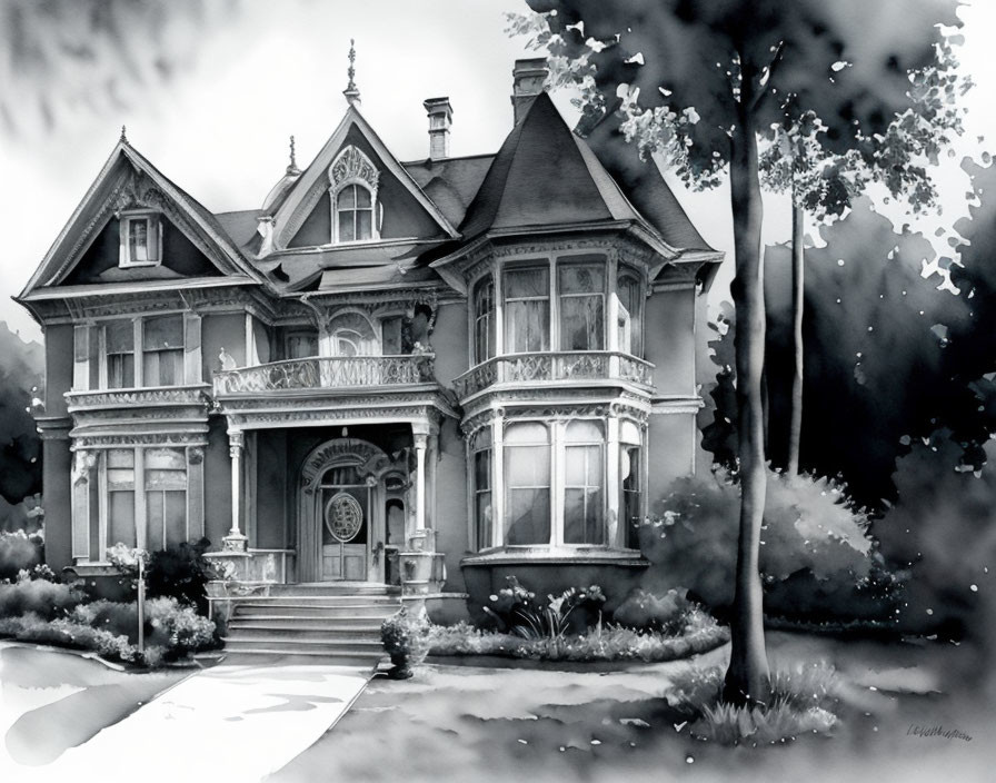 Monochromatic Victorian-style house illustration with intricate details in serene setting