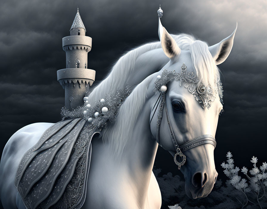 White horse with bridle and castle in fantasy setting