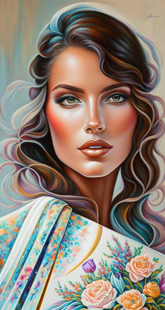 Stylized portrait of a woman with flowing hair and vibrant makeup wearing floral garment