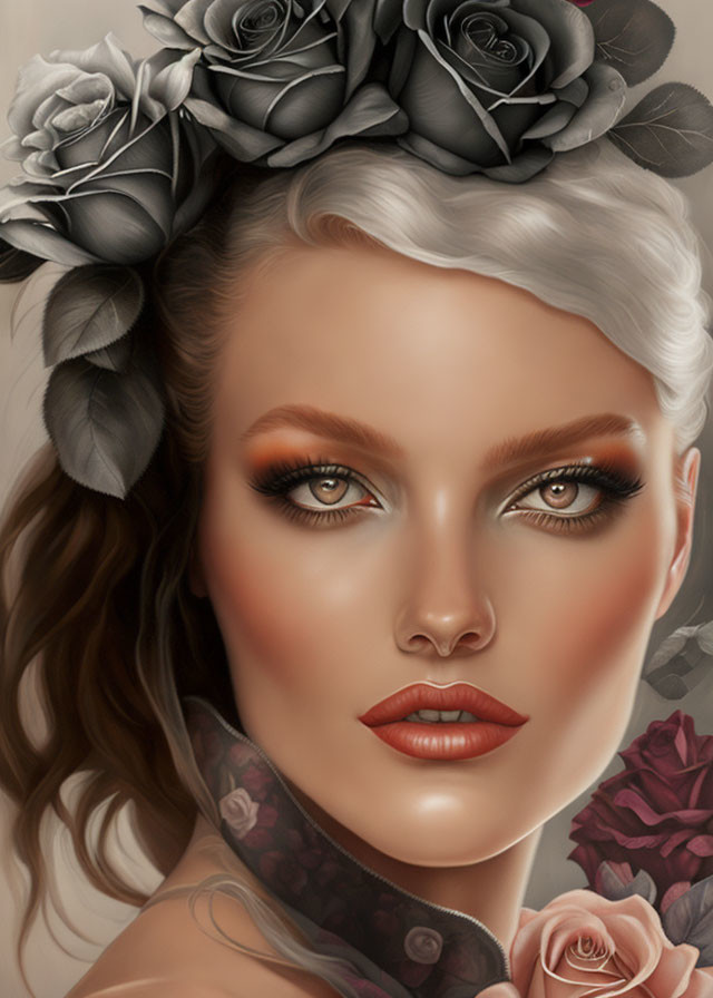 Digital portrait of woman with floral hair adornments and smoky eye makeup.