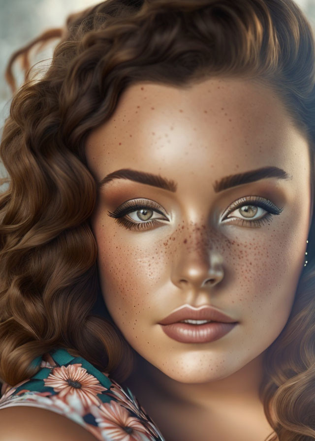 Illustration: Woman with freckles, curly brown hair, blue eyes, floral outfit