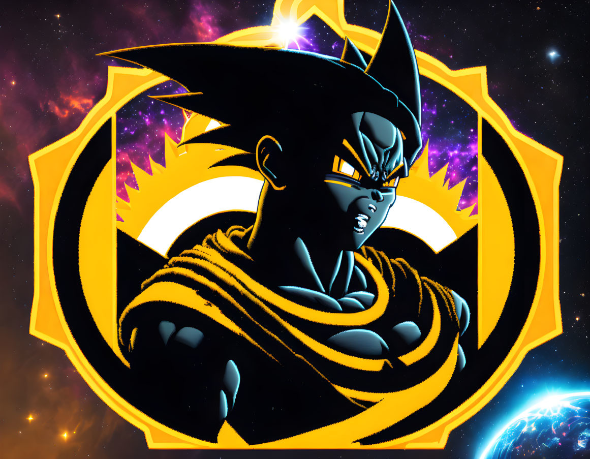 Muscular animated character with spiky hair in black and orange outfit against cosmic background