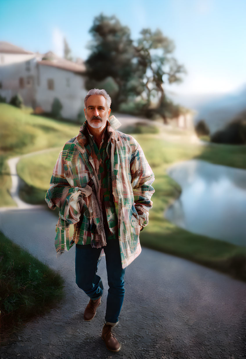 Mustached man in colorful coat by pond near countryside house