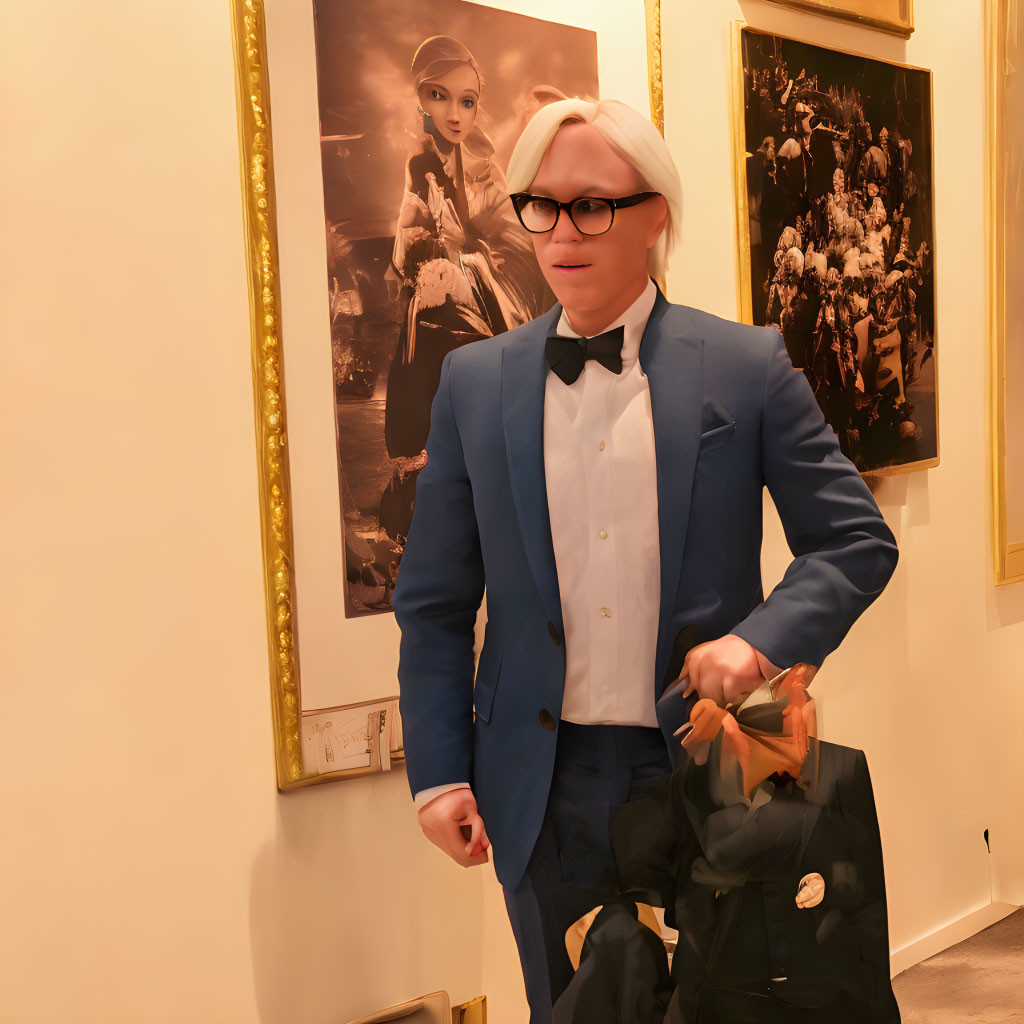 Person in Blue Suit with White Hair in Art Gallery Holding Black Bag