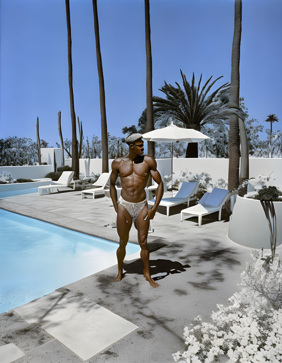 Toned individual in swimwear by pool with palm trees and sun loungers