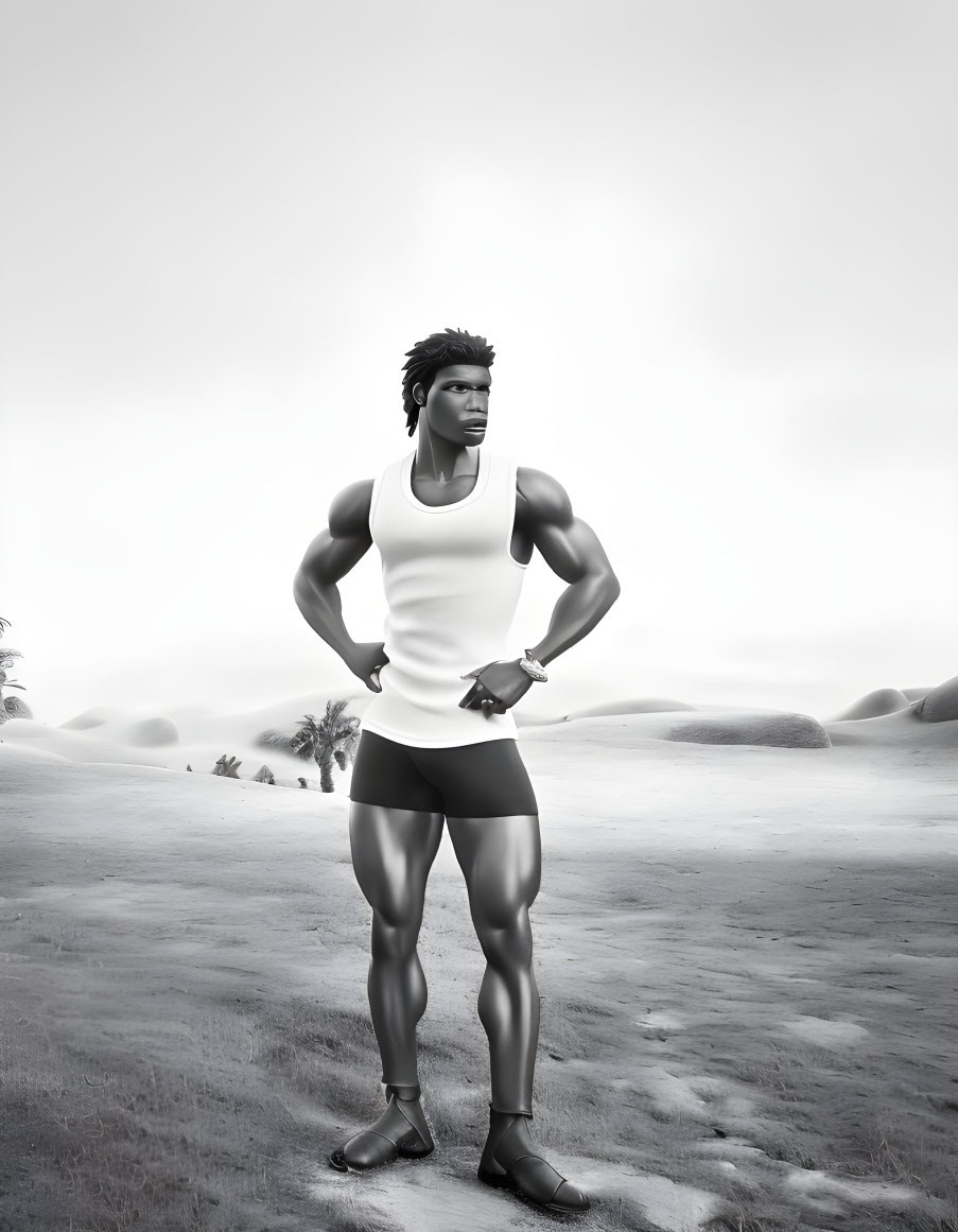 Muscular man in tank top and shorts in desert landscape under hazy sky