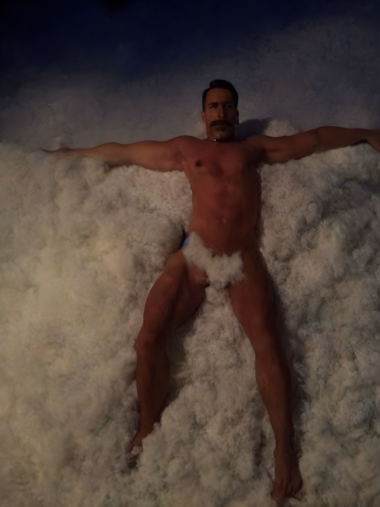 Bearded man lying shirtless in snow making snow angel