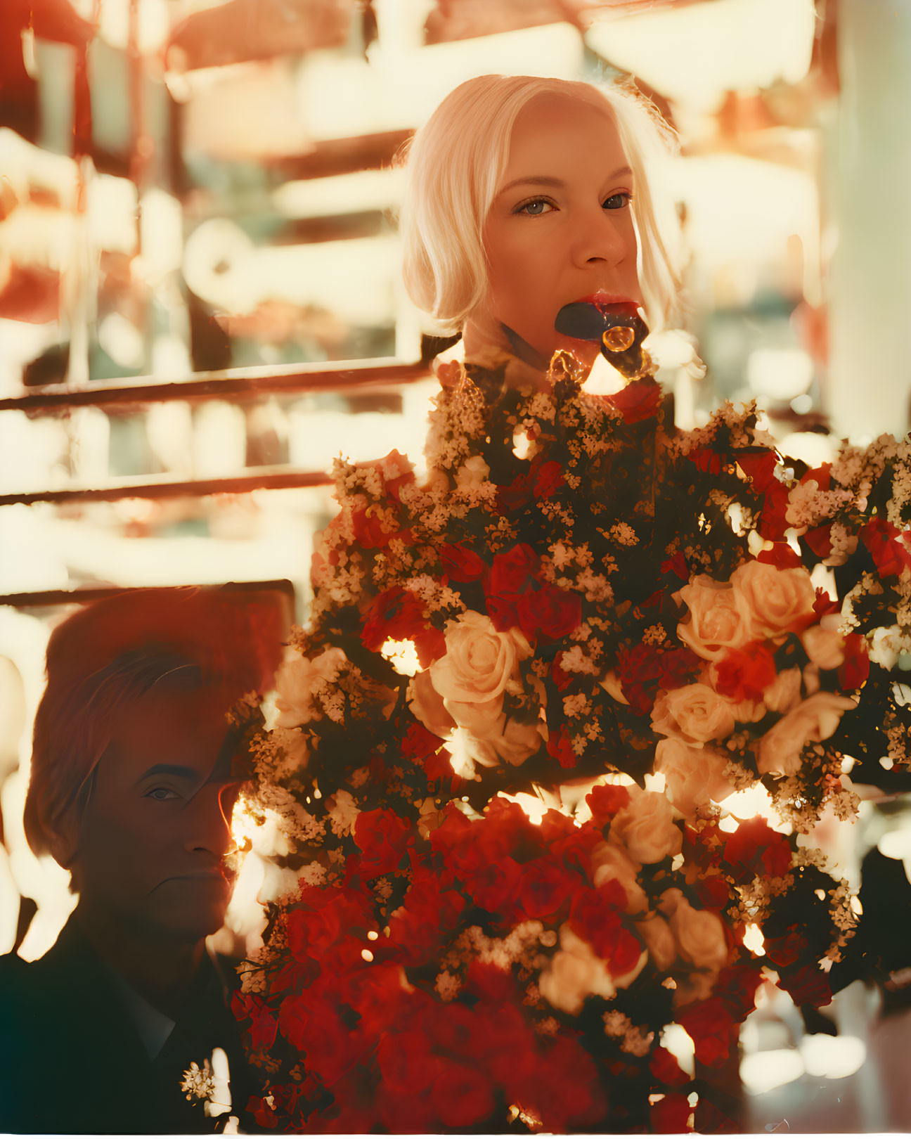 Blonde woman with lollipop and bouquet in warm lighting.