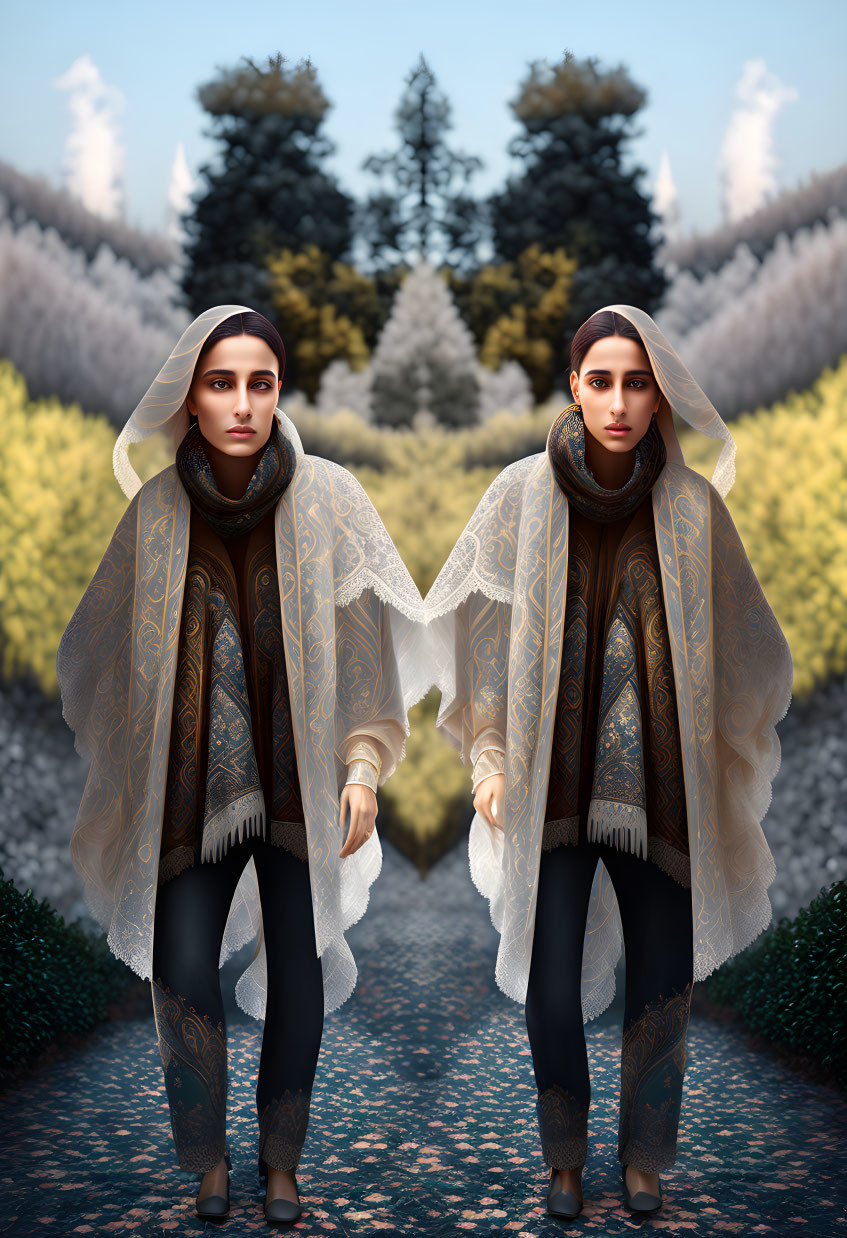 Symmetrical digital artwork of duplicated woman in misty garden.