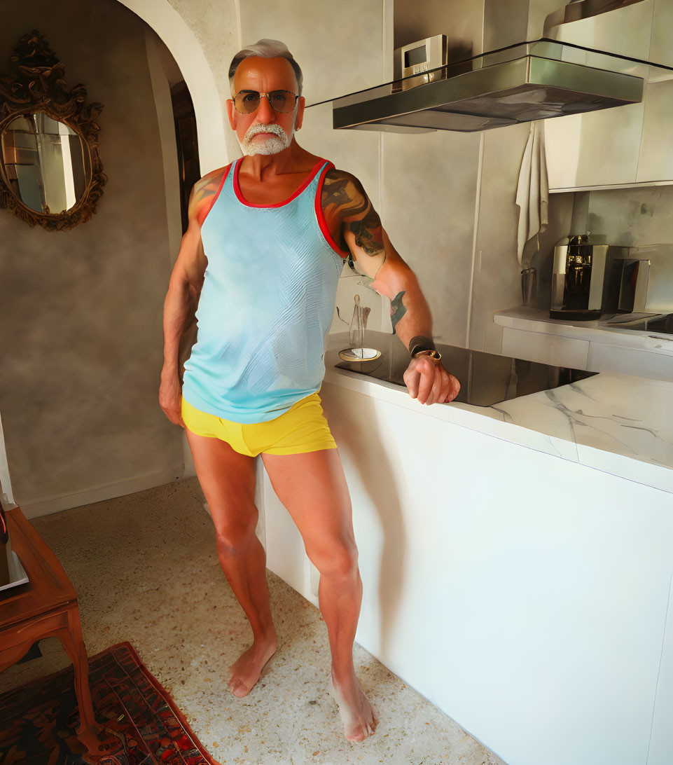 Gray-bearded man with tattoos in sunglasses, tank top, and yellow shorts in modern kitchen