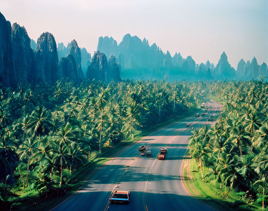 Scenic highway with palm trees and rock formations under blue sky