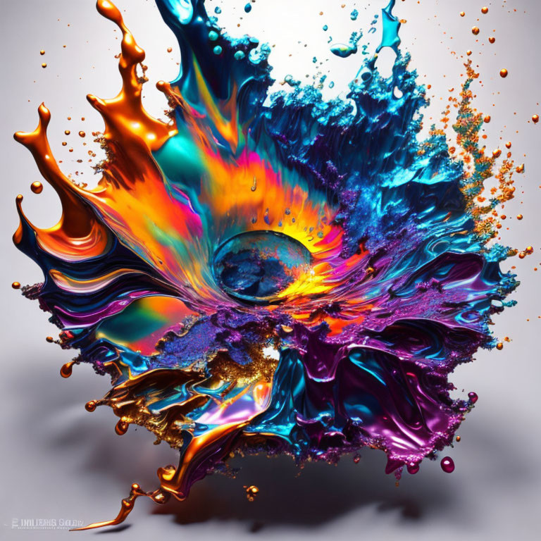 Colorful Liquid Explosion: Blue, Orange, Purple, Gold Hues