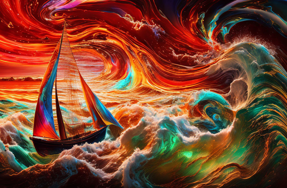 Colorful surreal artwork: sailboat in swirling fiery waves