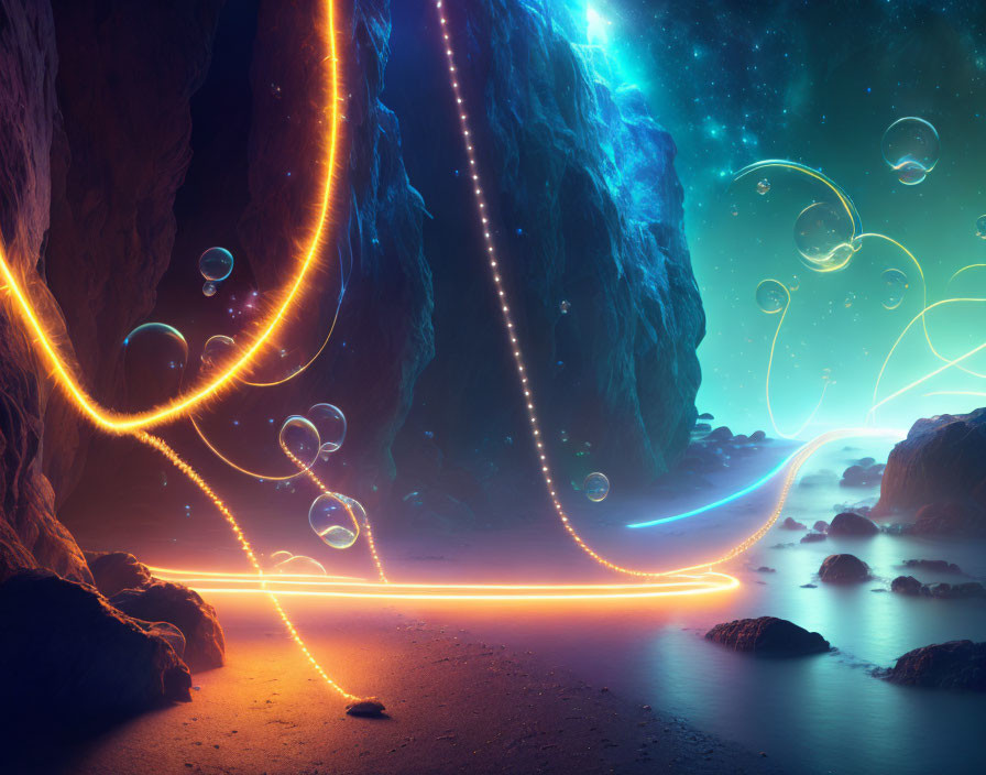 Fantastical cave with glowing orange paths and starry sky.