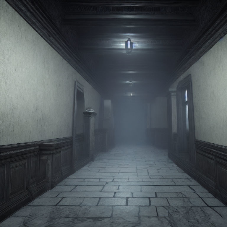 Eerie dimly-lit corridor with hanging lantern and mist.