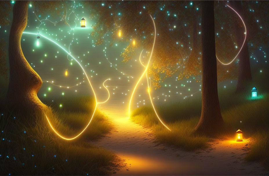 Enchanted forest path with glowing lanterns and fireflies