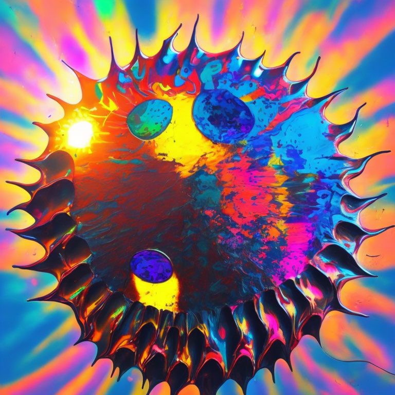 Colorful psychedelic sun and orbs in vibrant splash pattern