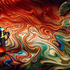 Colorful surreal artwork: sailboat in swirling fiery waves