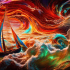 Surreal digital artwork: fiery orange and cool teal wavelike formations