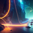 Surreal landscape with orange light trails, misty ground, and blue sky streaks