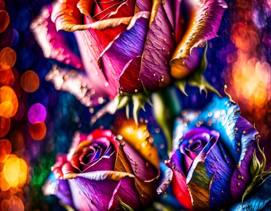 Multicolored roses with water droplets on bokeh light background