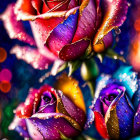 Multicolored roses with water droplets on bokeh light background