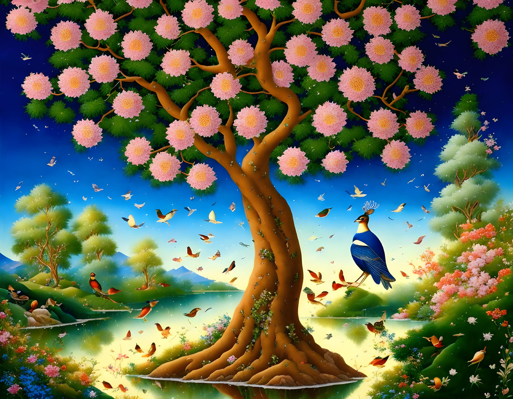 Colorful peacock under lush tree with pink blossoms, surrounded by butterflies and birds against blue sky