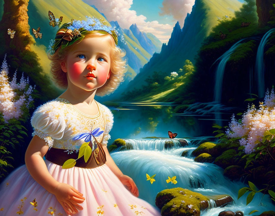 Young girl in white dress with floral headband in front of idyllic landscape