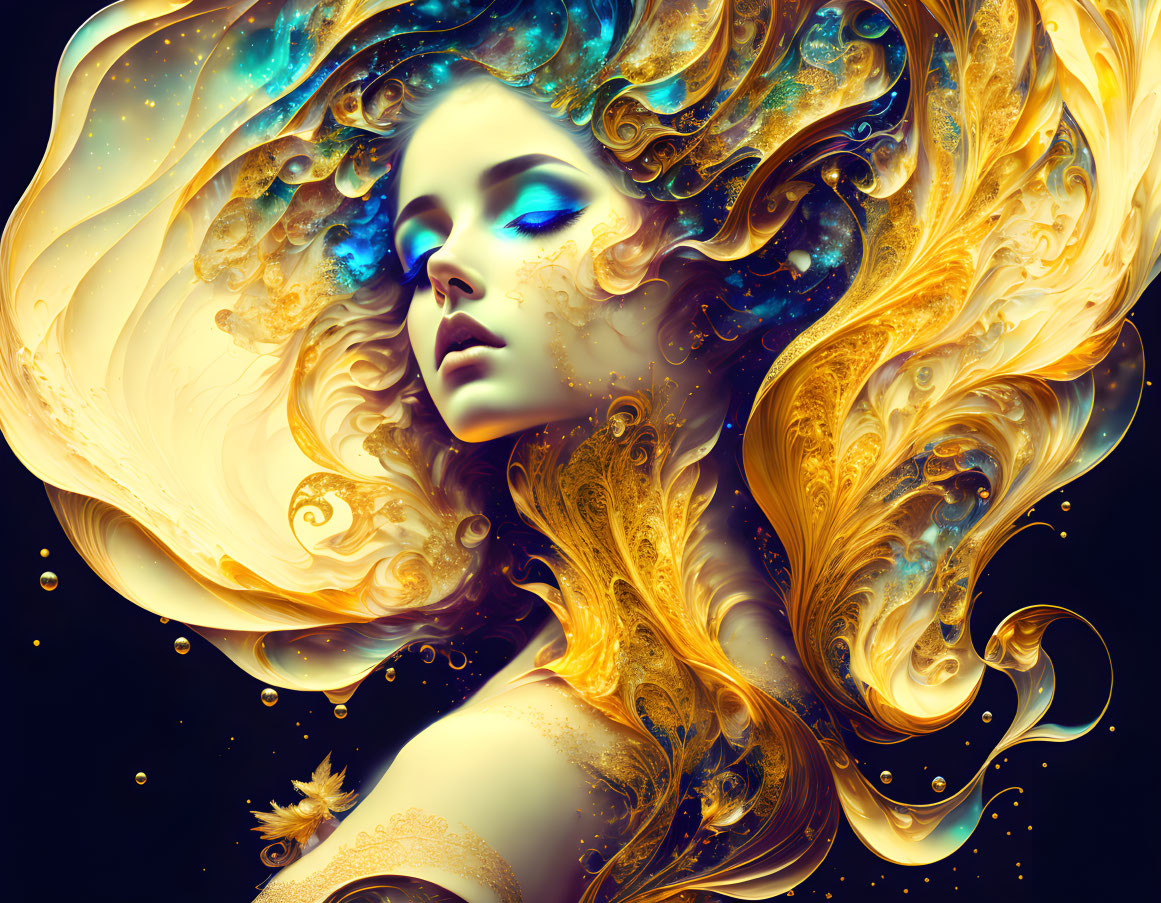 Vibrant digital artwork: Woman with golden hair and blue swirls