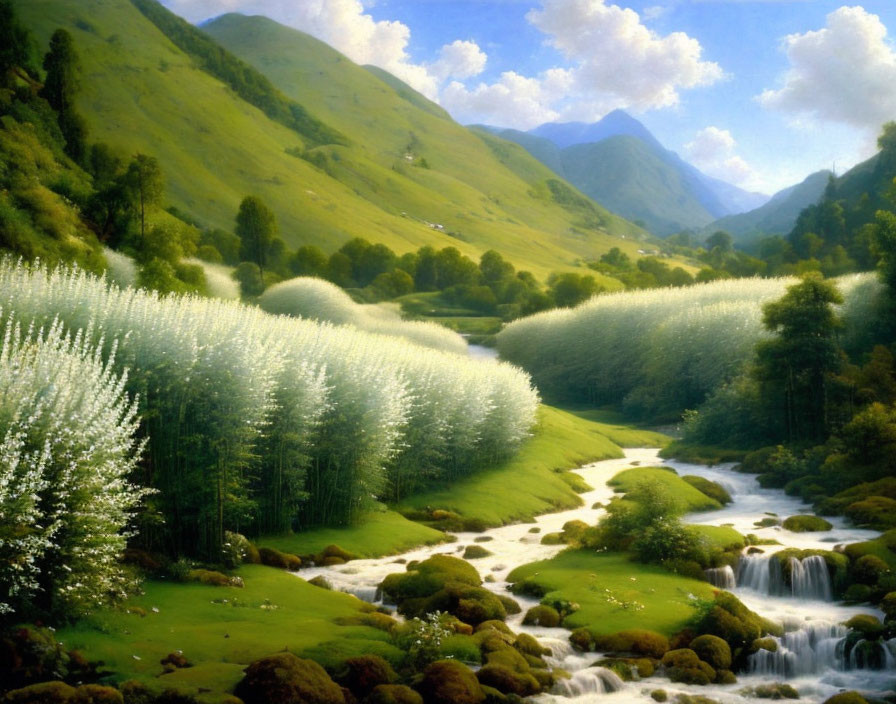 Scenic valley landscape with green hills, stream, flowering trees, and cascades