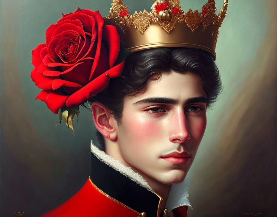 Young man portrait with crown and red rose for a regal look