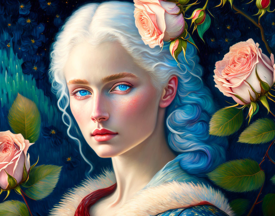 Portrait of Woman with Pale Skin, Blue Eyes, White-Blue Hair, and Pink Roses on Dark