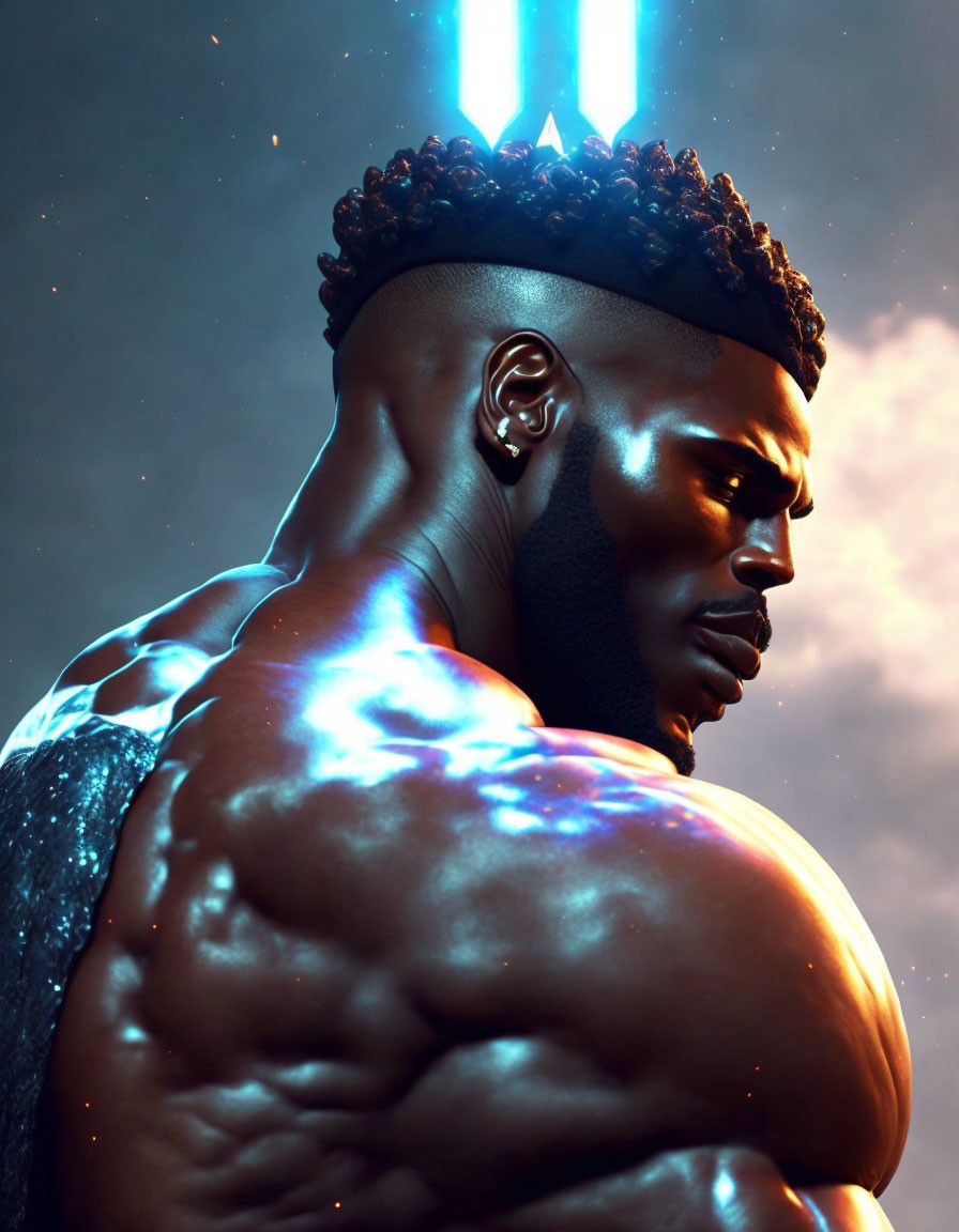 Muscular man with glowing skin and crown in futuristic setting