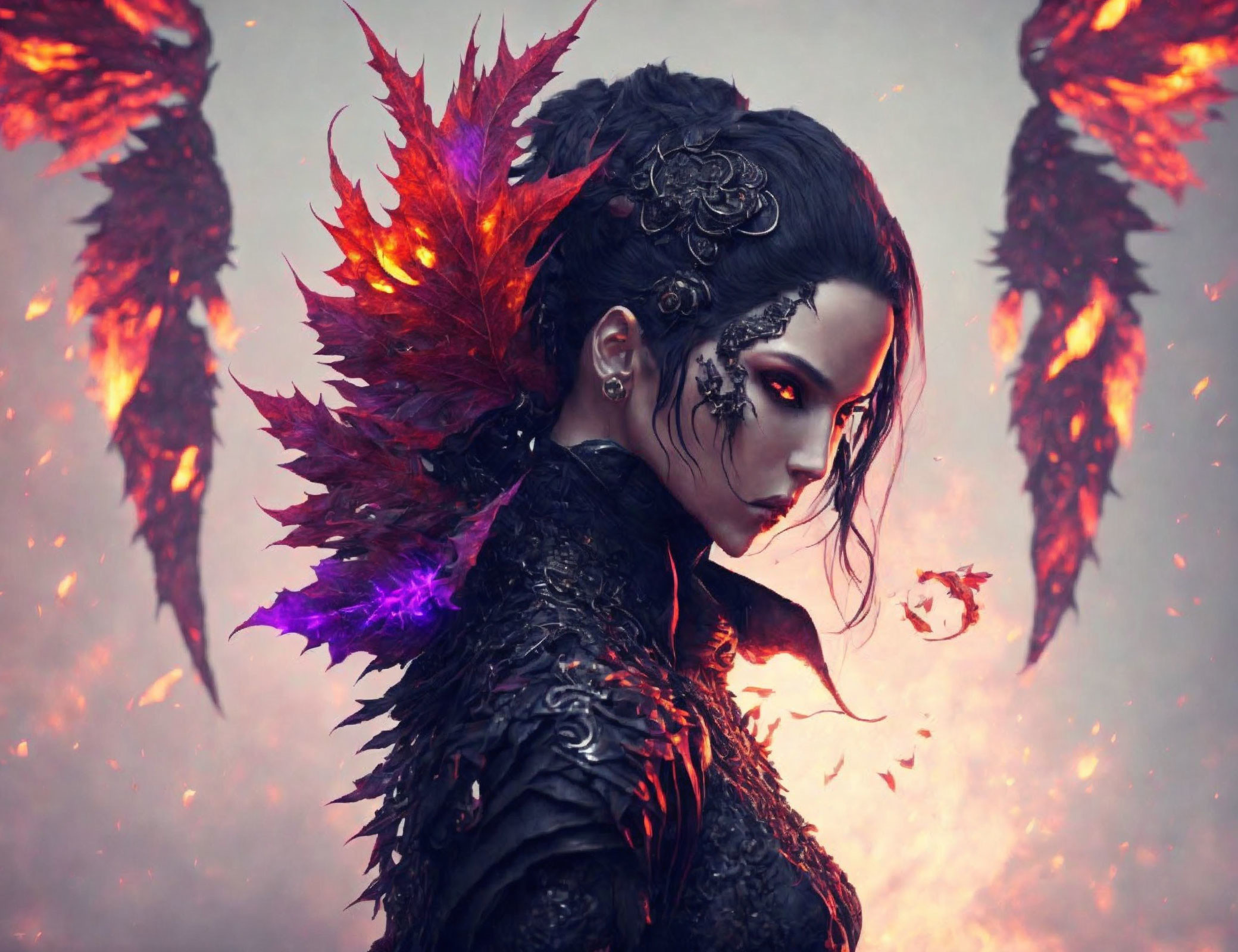 Mystical figure with fiery wings and dark attire in smoky setting