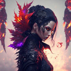 Mystical figure with fiery wings and dark attire in smoky setting