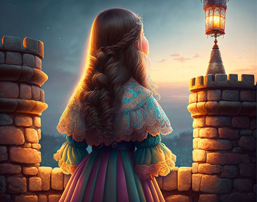 Girl with long braided hair in colorful dress on castle balcony at dusk.