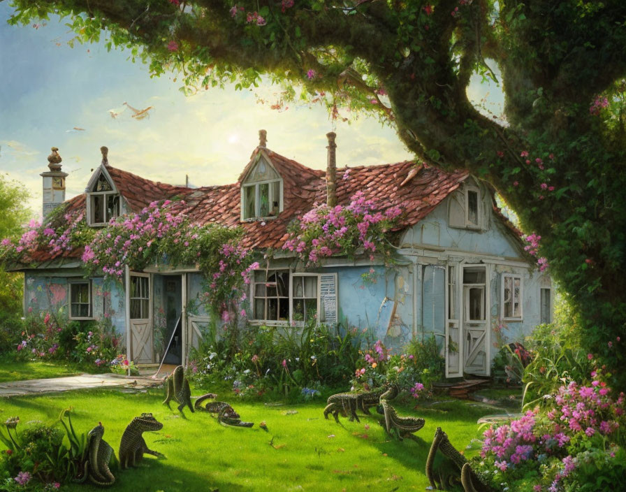 Ivy-covered Cottage with Blooming Garden and Flying Storks