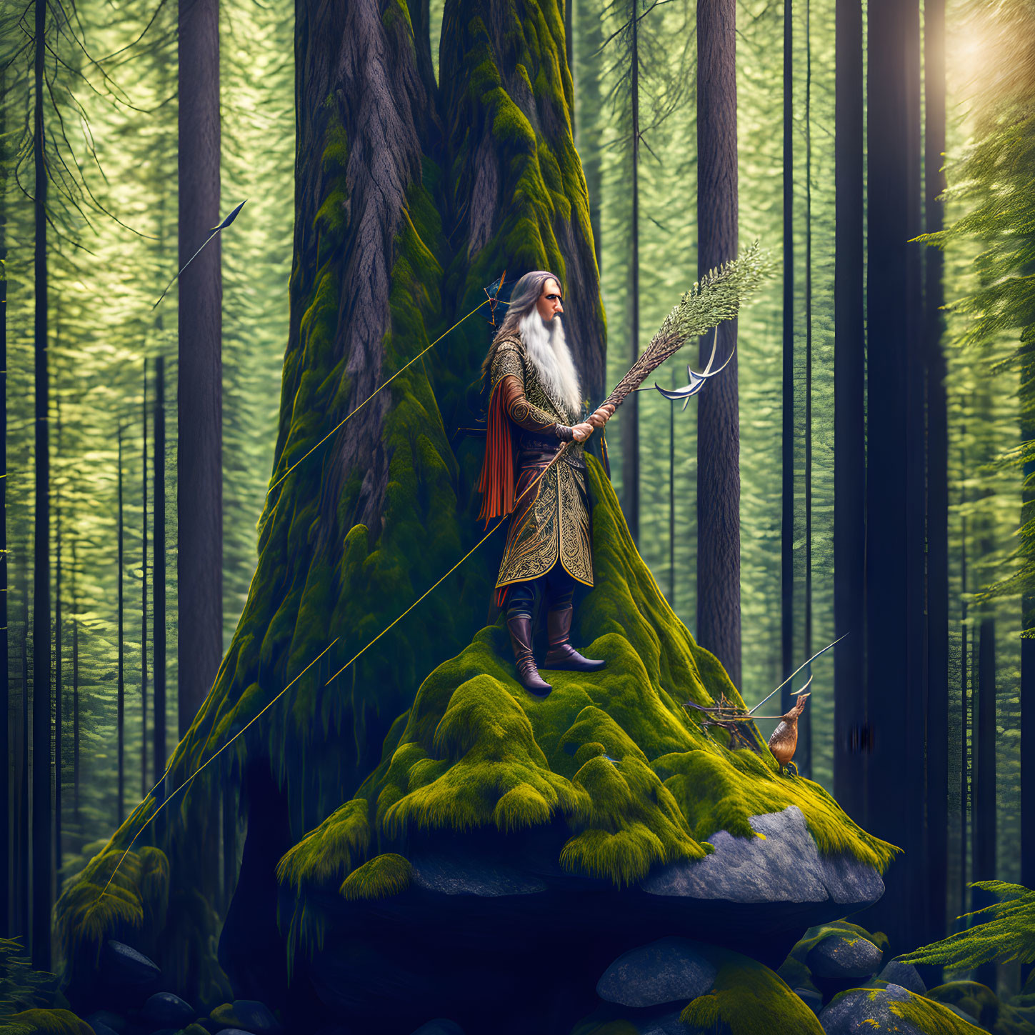 Bearded character in medieval attire with bow in serene forest.