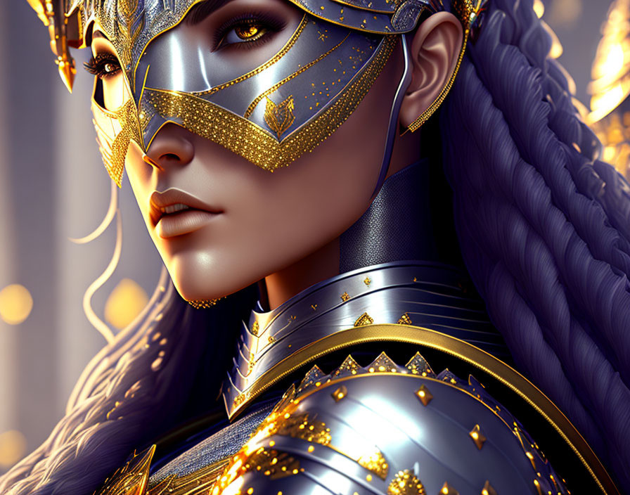 Digital artwork: Woman with silver hair, gold and blue mask, ornate armor, glowing accents.