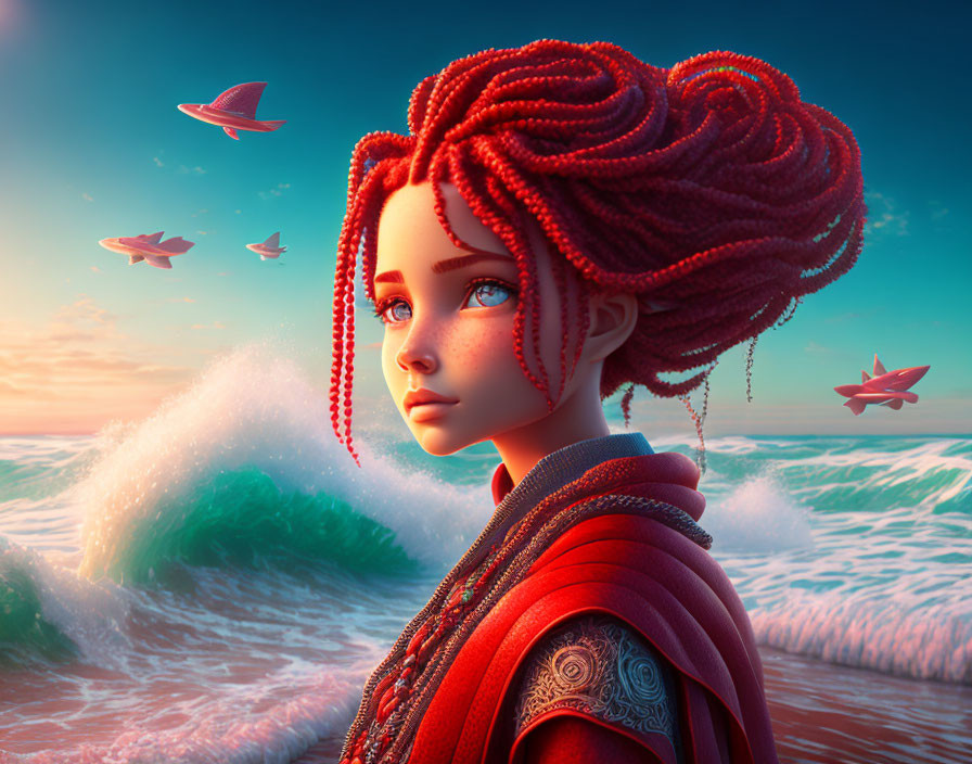 Digital art of young girl with red braided hair and detailed outfit by ocean