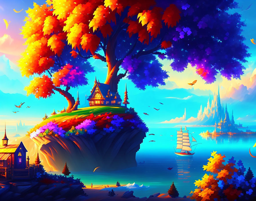 Colorful Tree on Floating Island with Castle and Ships