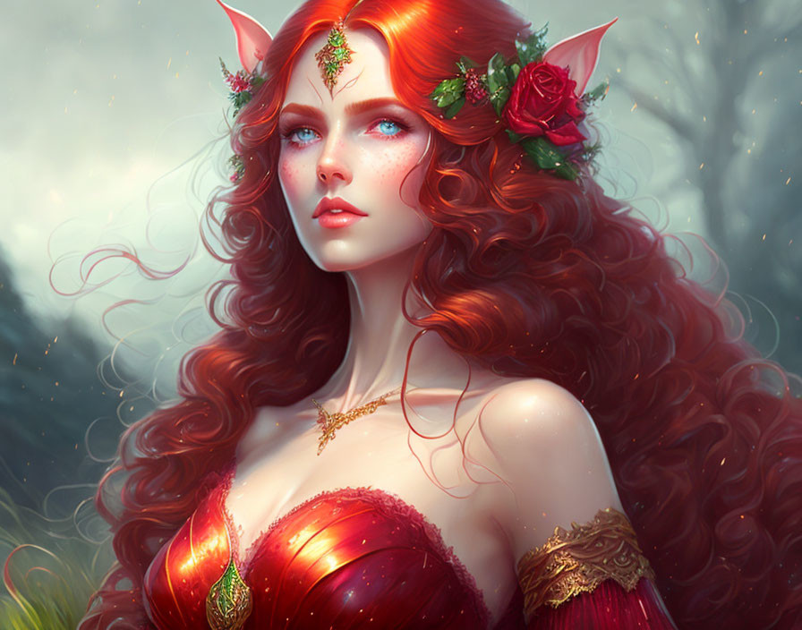 Fantasy character illustration: long red hair, pointed ears, blue eyes, floral adornments, red