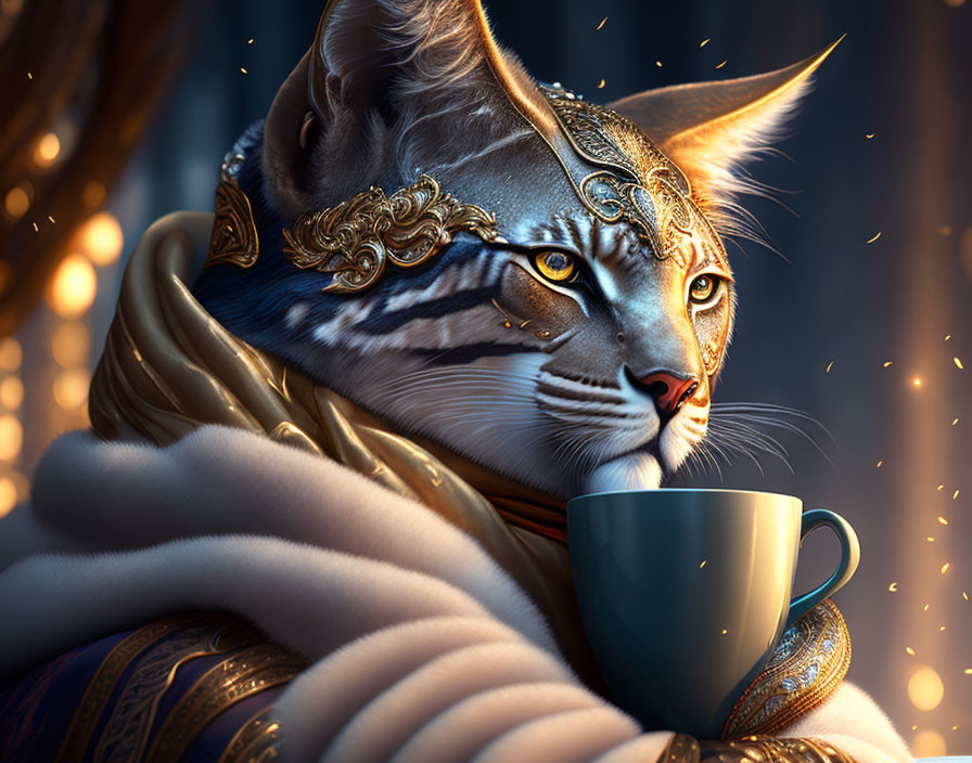 Regal anthropomorphic cat with golden headpiece and cloak beside teal cup and sparks