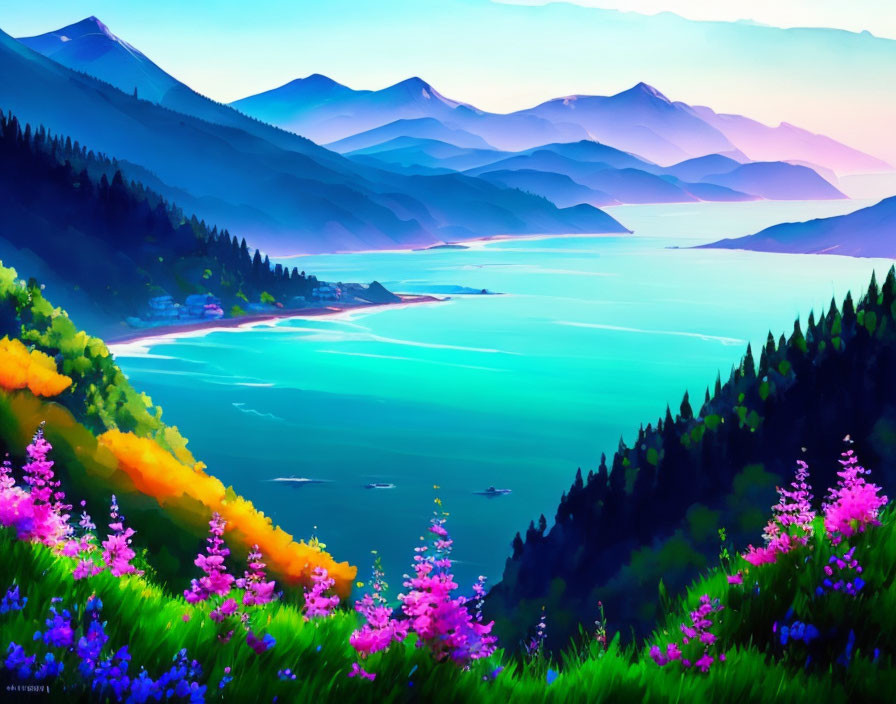 Scenic landscape: turquoise bay, layered mountains, colorful flowers